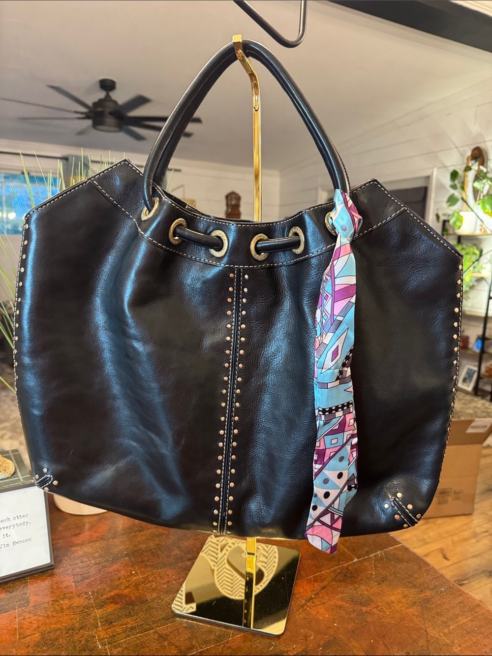 Michael Kors Leather Tote with Stud Detailing and Decorative Scarf